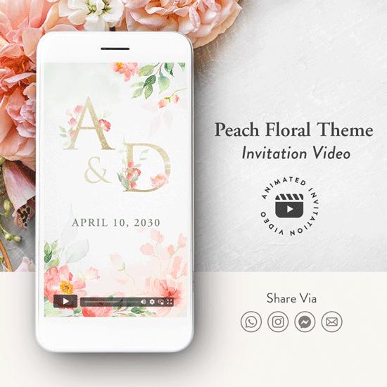 Peach floral wedding invitation video, Peach wedding invite animation, Peach flower wedding invite