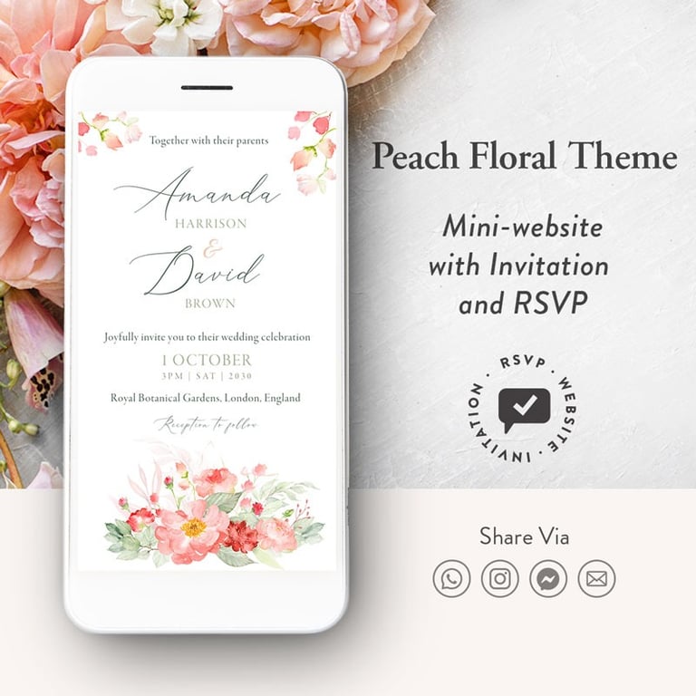Peach WEDDING WEBSITE, digital peach wedding invitation, digital floral wedding invitation