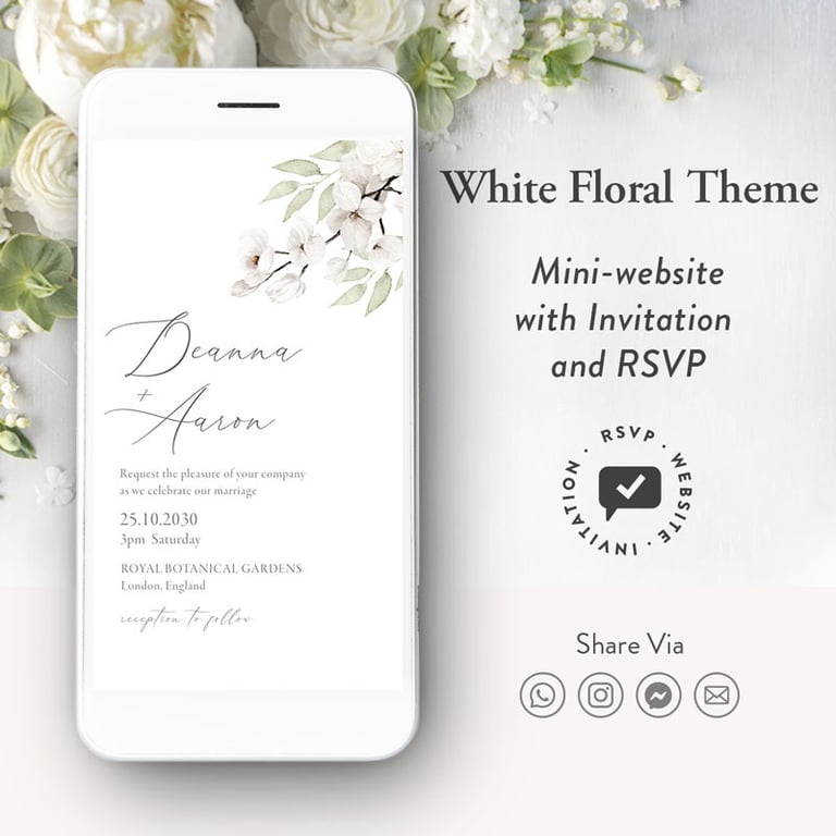 white Floral wedding website, digital floral wedding invitation, digital wedding invitation elegant