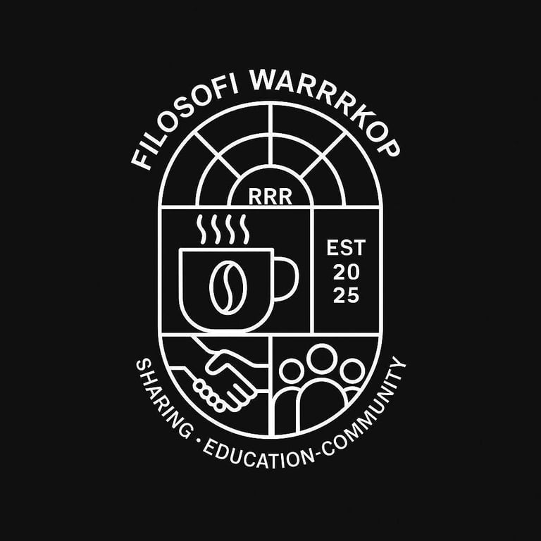 Filosofi Warrrkop emblem featuring a coffee cup, handshake, and community icons on black background.