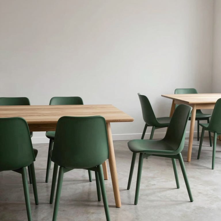 A minimalist Scandinavian-style dining room with forest green chairs and light wood tables.