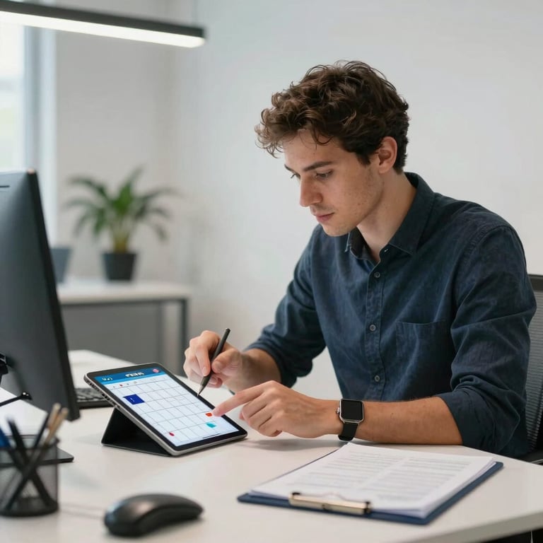 A social media manager in a European / French office planning a content calendar on a tablet, modern minimalist workspace.