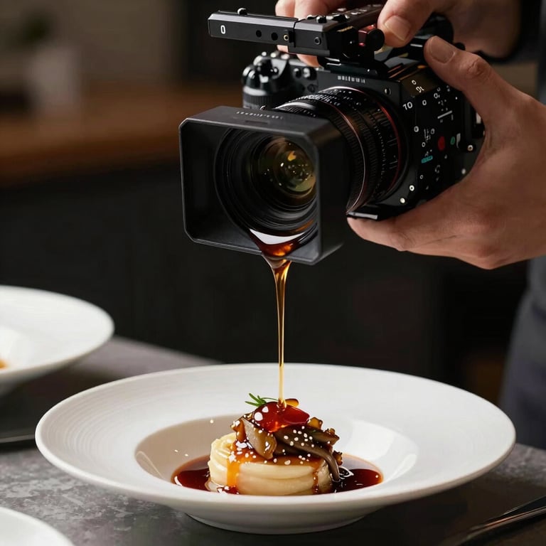 Behind-the-scenes shot of a professional camera filming a pouring sauce over a dish, high-end food production.