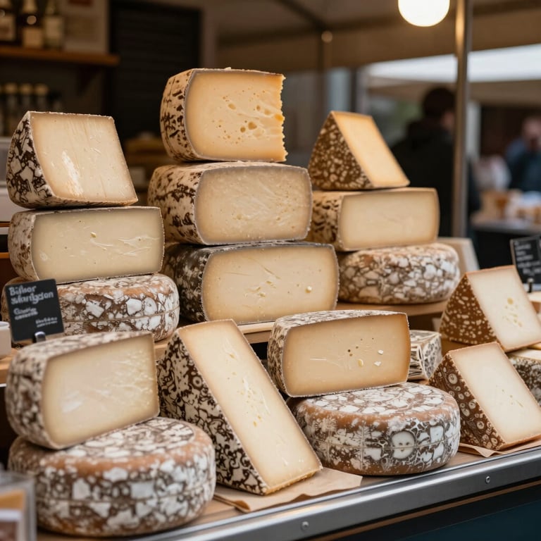 A cozy but sophisticated European / French food market stall displaying local artisanal cheeses.
