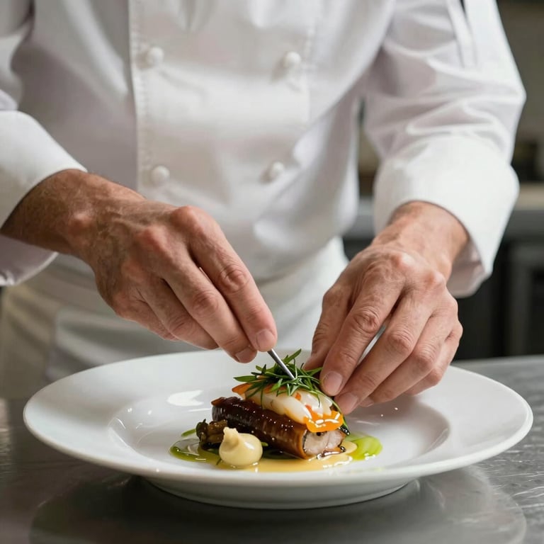 An artistic shot of a chef's hands garnishing a dish in a professional European / French kitchen.