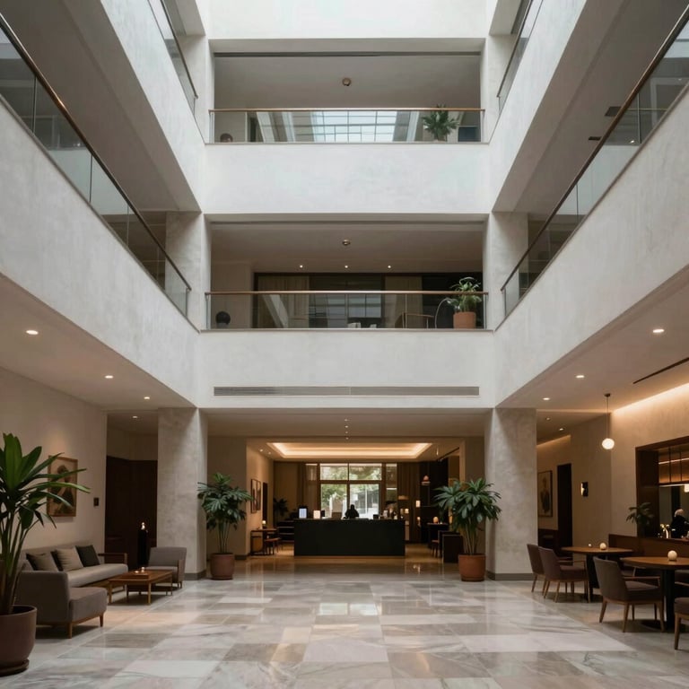 Modern hotel lobby with high ceilings and minimalist decor in a Latin American / Spanish city.