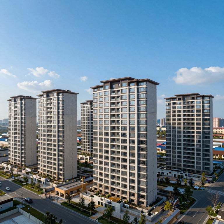 Panoramic view of a newly completed residential complex under a bright blue sky.