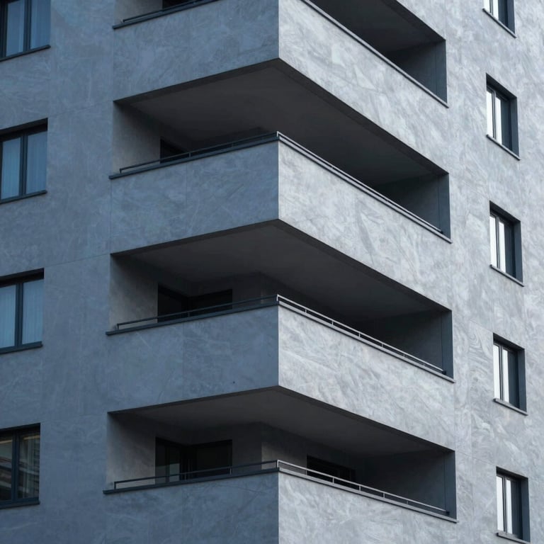 Detail of a modern apartment facade with high-end finishes and clean blue grey textures.