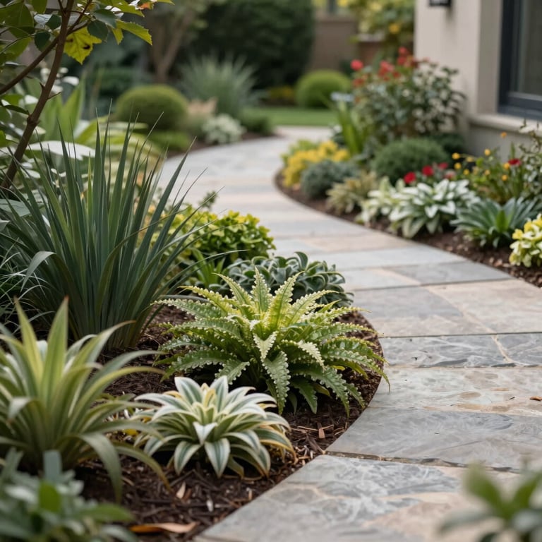 Close-up of a perfectly landscaped residential garden with native plants and stone paths.