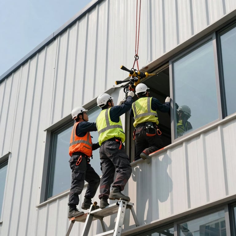 A crew of professionals performing a structural repair on a commercial building.