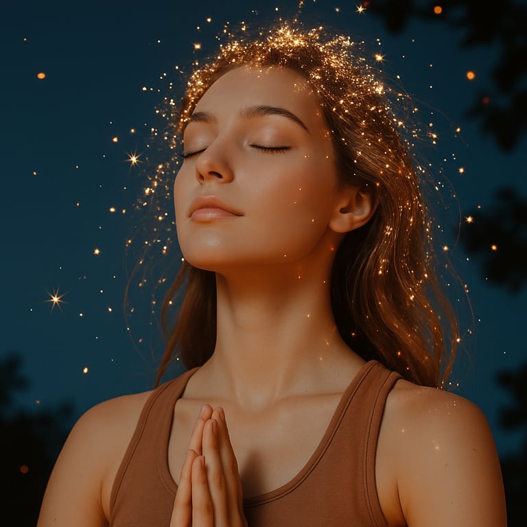 Mujer relajada meditando luz dorada representa bienestar, calma y equilibrio tratamientos wellness