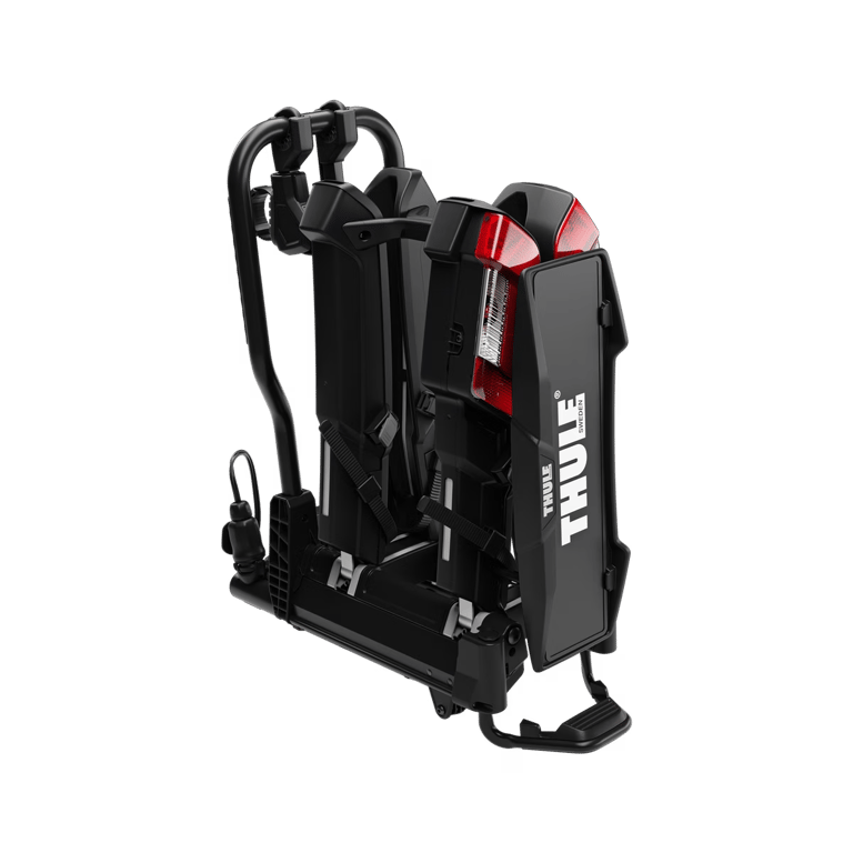 Thule bike rack in upright folded position showing space-saving design.
