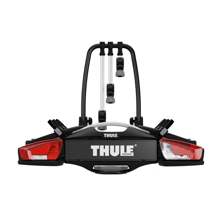 Rear view of Thule towbar bike carrier showing lights and number plate area.