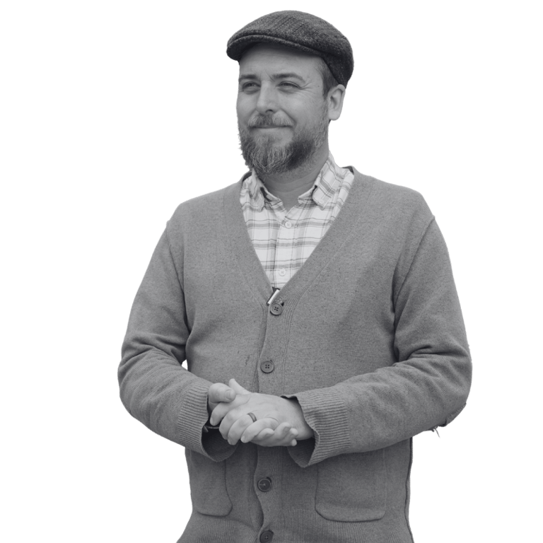 Black and white image of Sean Dougherty