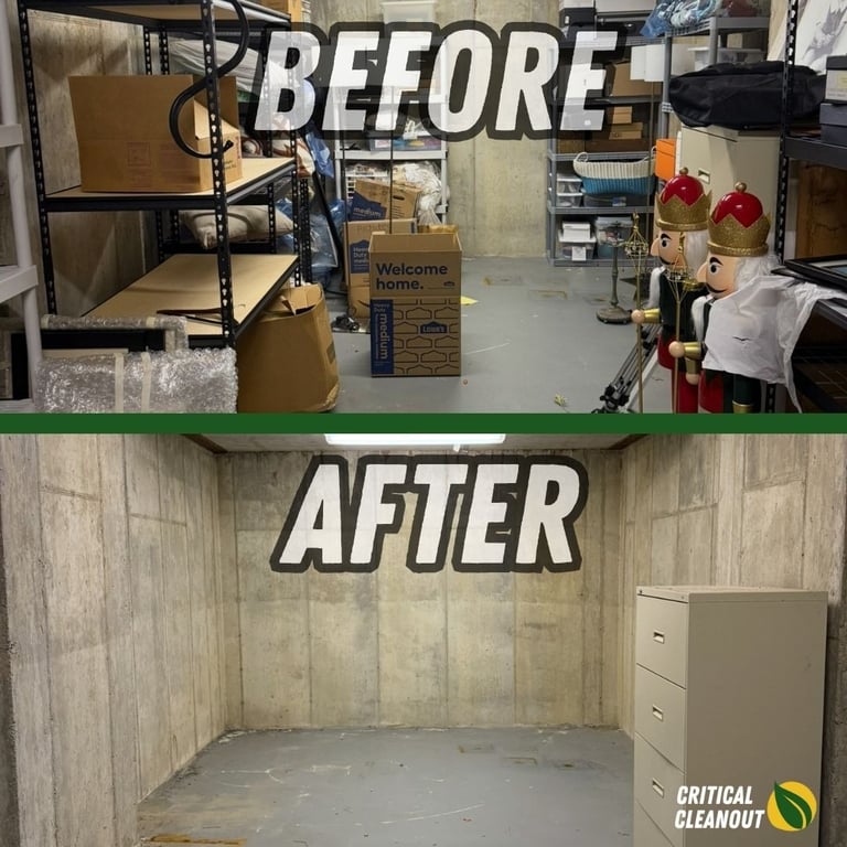 Before and after of an estate cleanout in Metro Detroit by Critical Cleanout, showing a cluttered room cleared and cleaned.