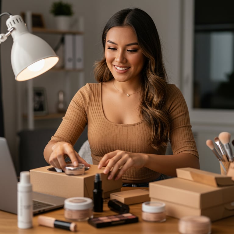 a woman is smiling and holding a box of makeup