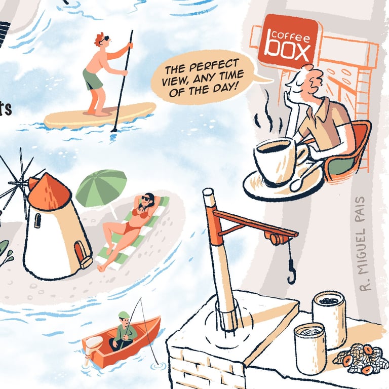 Illustration of coastal summer activities including paddle boarding, sunbathing by a windmill, and fishing.