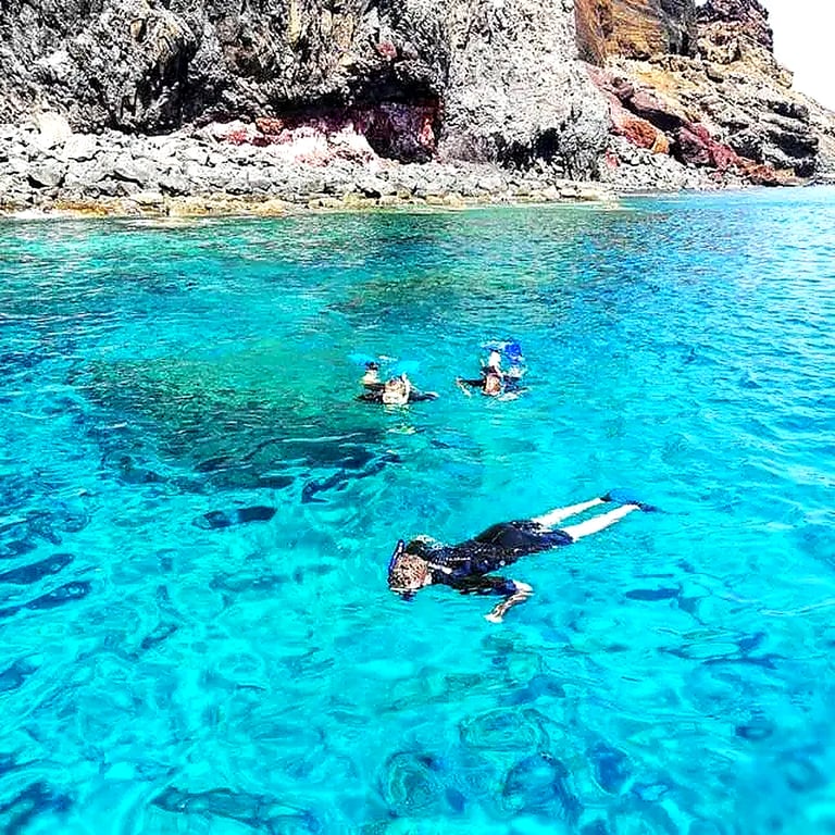 roup snorkeling in crystal clear turquoise water along the rocky volcanic coastline of Ponta de São Lourenço, Madeira