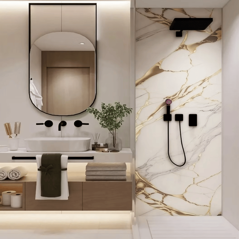 Elegant Calacatta-style marble panel with soft white background and refined gray veining.
