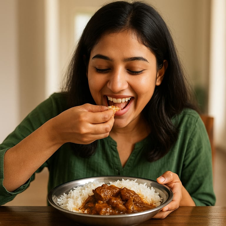 Smiling woman savoring fresh goat meat biryani at home from Mutton Lovers