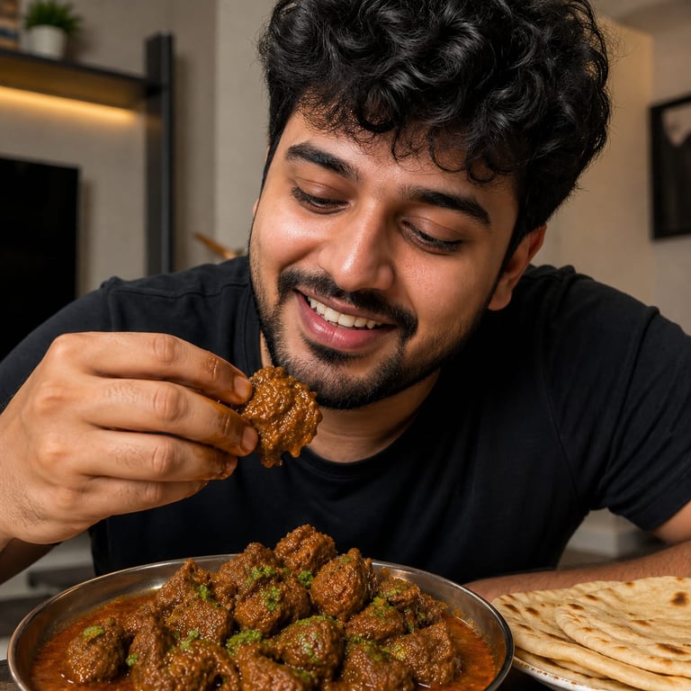 Young man enjoying hyderabadi mutton curry made with freshly delivered Mutton Lovers mutton.