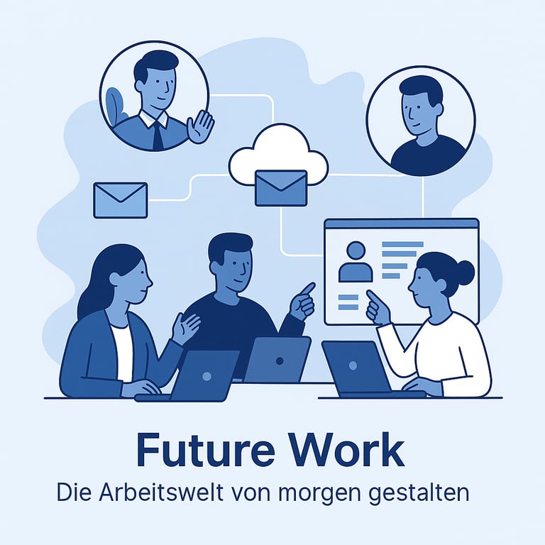 Illustration Future Work – Team arbeitet digital vernetzt mit Cloud und hybriden Tools
