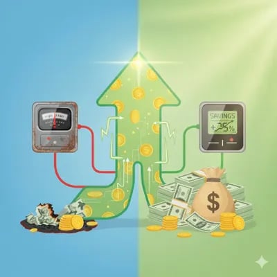 Fondo de color verde y azul con una flecha en medio simbolizando los beneficios de panales solares e