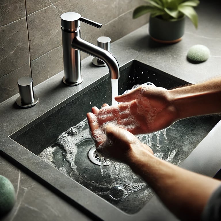 Eine Person wäscht Hände am Waschbecken.