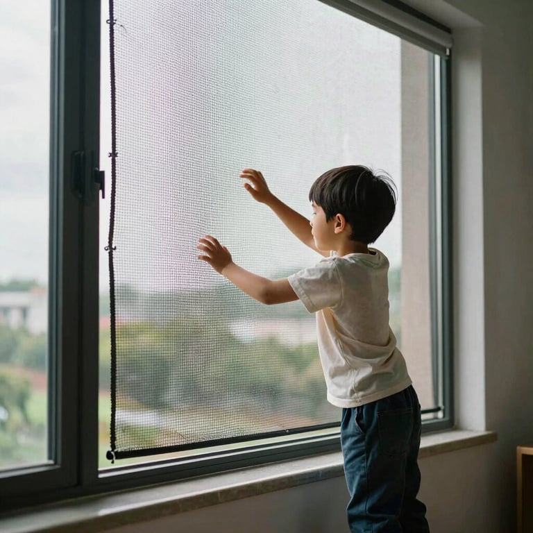 A child playing safely near a window protected by a high-tension nylon net in a modern residential setting.