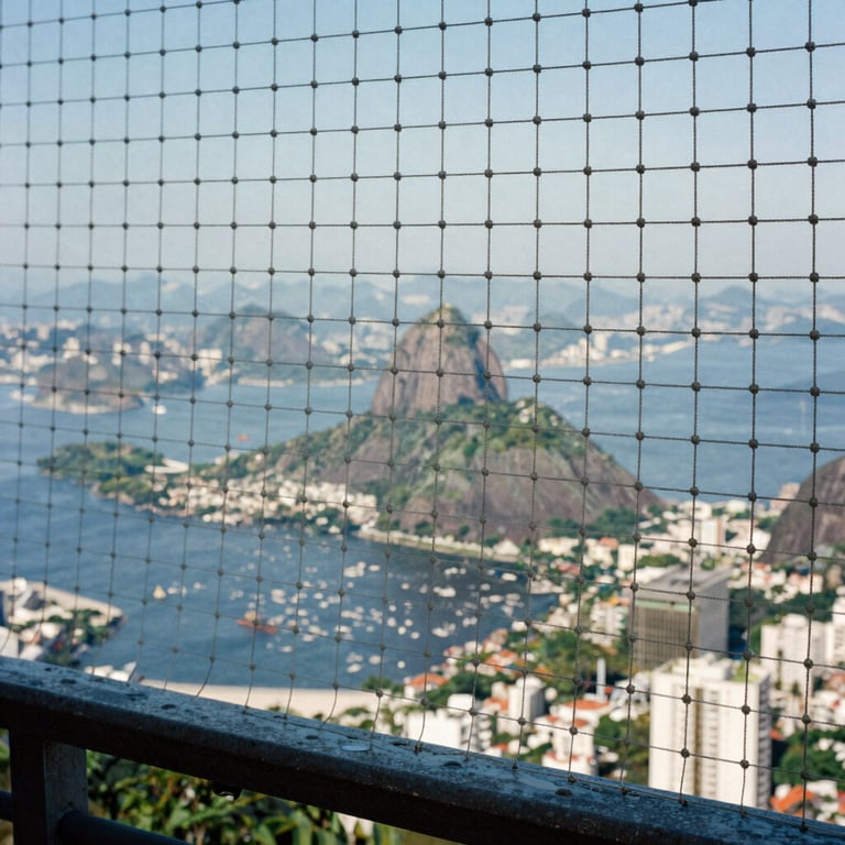 View from a protected balcony in Rio de Janeiro showing a discreet, professional safety net with a blurry cityscape in the background.