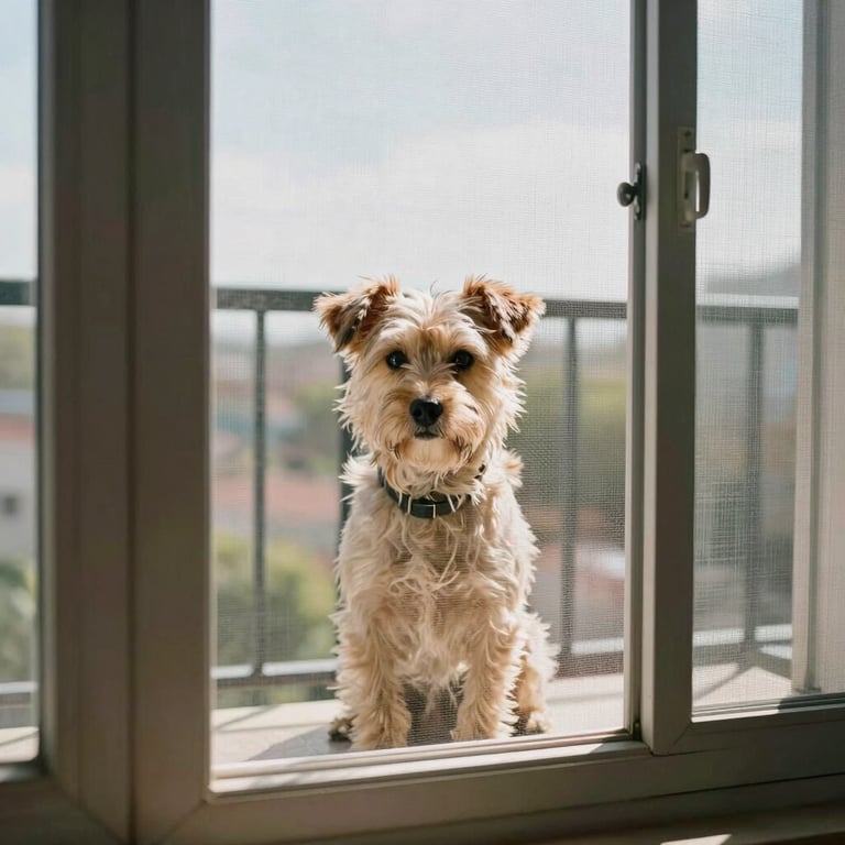 A small dog looking safely through a protective net on a high-floor apartment window, bright daylight.