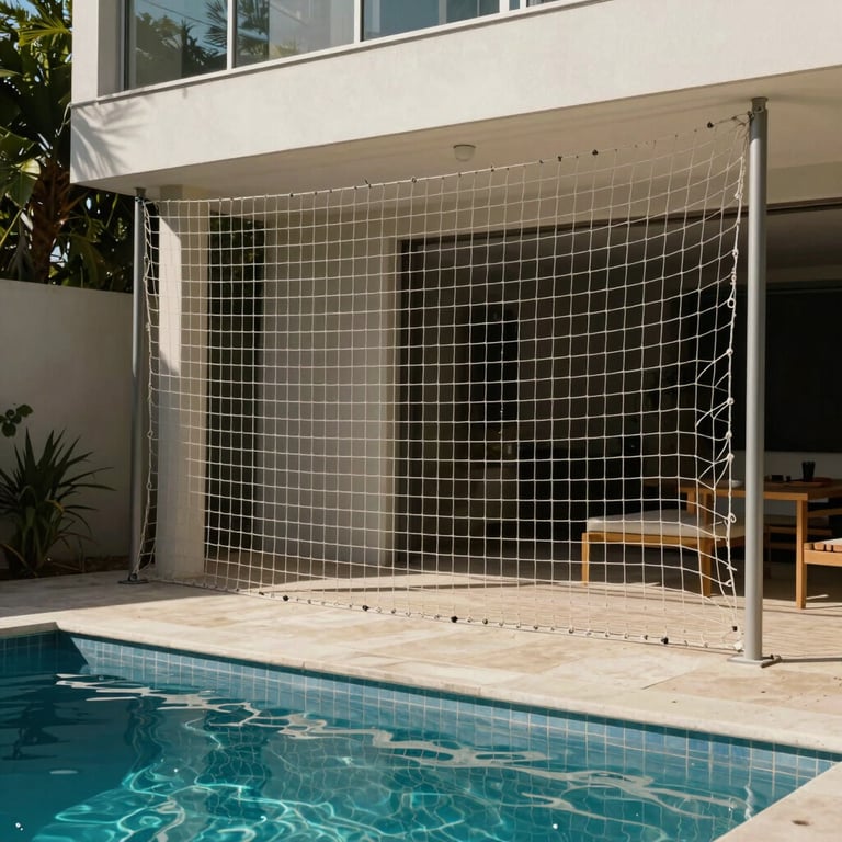 Installation of a safety net in a pool area in a Rio de Janeiro house, showing the secure perimeter.
