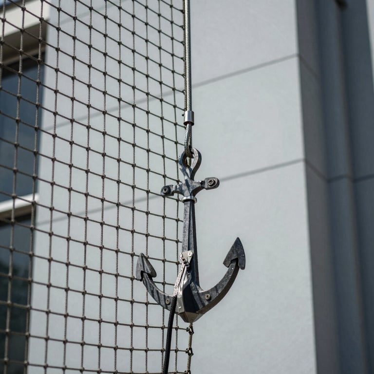 Detailed shot of the secure anchoring system of a safety net against a light gray building facade.