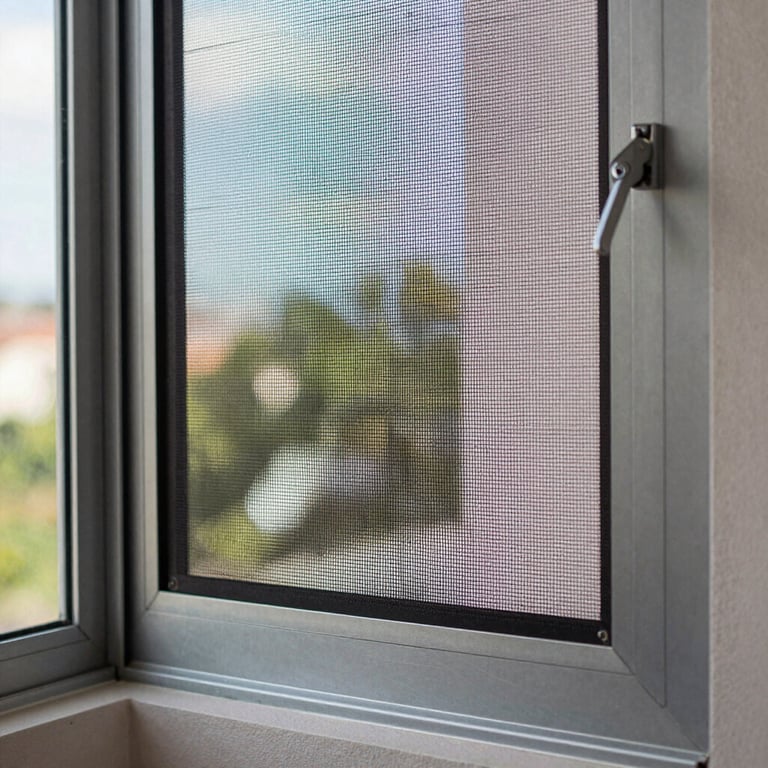 Close-up of a high-quality mosquito screen installed on a modern aluminum window frame in a Brazilian apartment.
