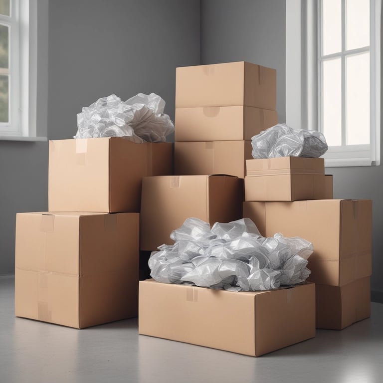 Close-up of hands wrapping fragile items with bubble wrap for a relocation.