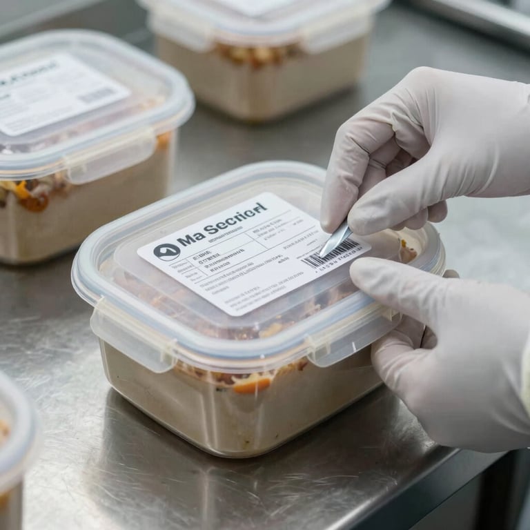 Close-up of a gloved hand affixing a dated compliance label to a sealed food storage container on a stainless steel counter, bright studio lighting, sharp detail, no faces
