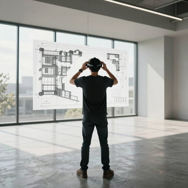 A person standing in a modern empty room, viewing a virtual architectural layout through a headset, bright daylight, international / global.
