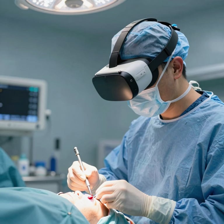 A surgeon practicing a complex procedure using high-fidelity VR in a sterile hospital room, soft blue lighting, international / global.