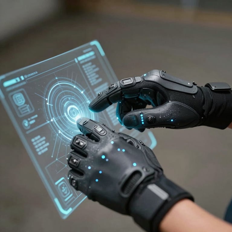 Close-up of hands wearing advanced haptic feedback gloves interacting with a floating digital interface, light blue highlights.