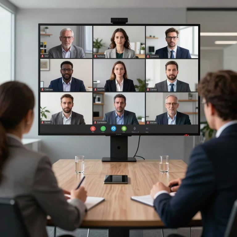 A business leader conducting a meeting in a virtual boardroom with digital avatars, sleek and professional, international / global.