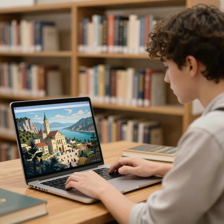A student in a library exploring a virtual historical site, soft focus on books in background, international / global.