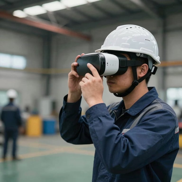 An industrial worker in a hard hat using VR for safety training in a simulation of a factory floor, focused expression, international / global.