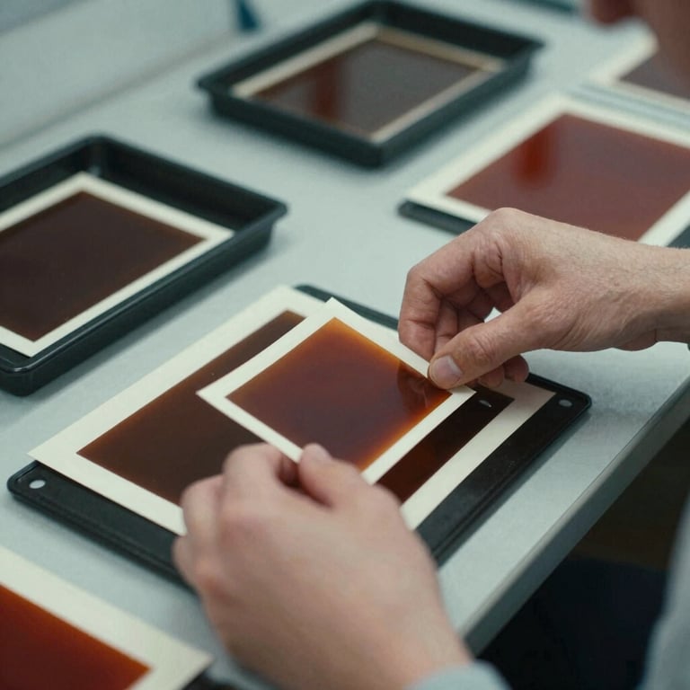 Hands carefully developing film negatives in a quiet darkroom, faint red light, developer trays visible, focus on the tactile process of analog development, raw and honest.
