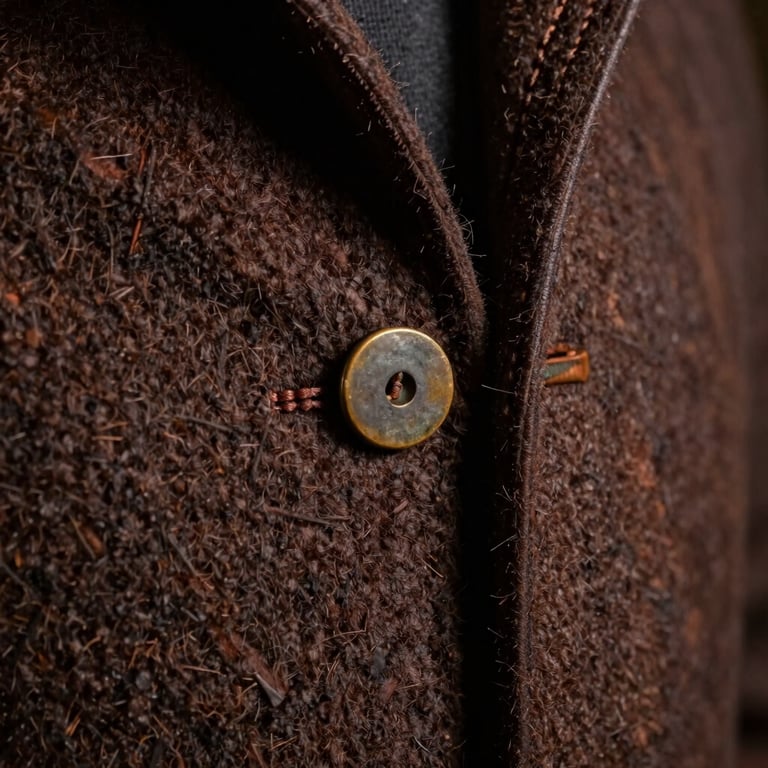 Macro extreme close-up of thick bronze-ware detailing and hand-burnished leather stitching on a dark walnut wool coat, warm directional studio key light, rich texture.
