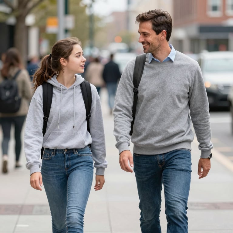 An adolescent walking outside receiving advice from a supportive educator.