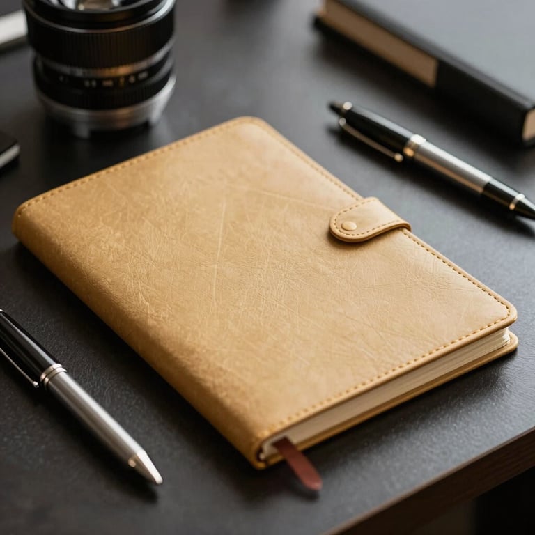 Detail of a gold-trimmed notebook and high-end pens on a dark, sophisticated executive desk.
