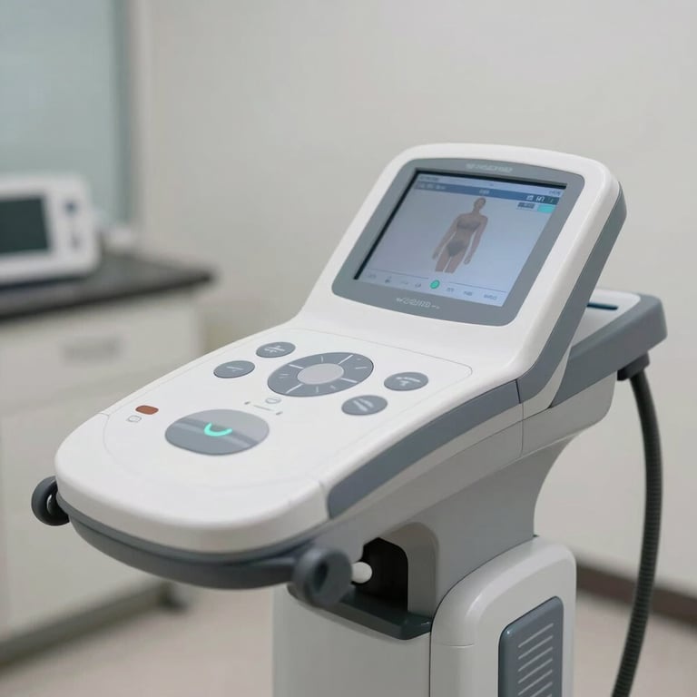Close-up of a professional body composition analyzer in a clean, modern clinical environment.
