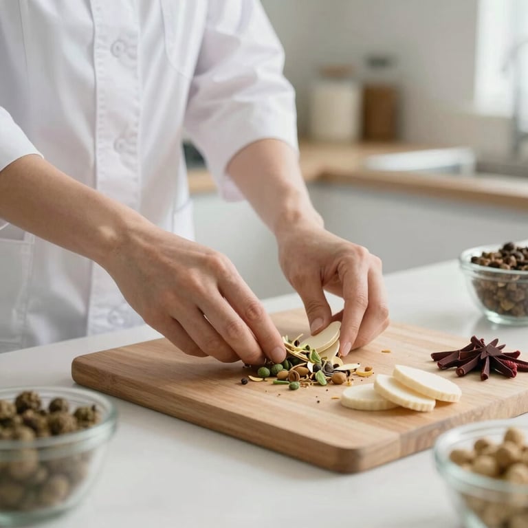 Soft-focus image of a nutritionist's hands preparing natural ingredients in a bright, modern kitchen.
