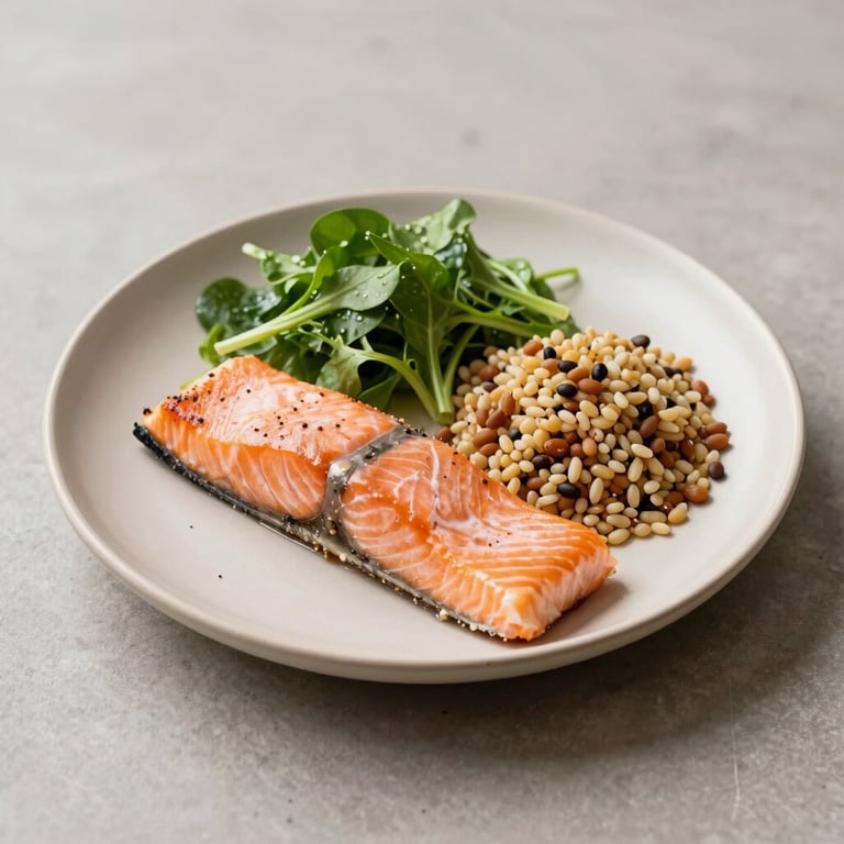 Aesthetic shot of a balanced meal with salmon, greens, and grains on a minimalist beige plate.