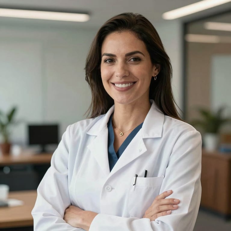 Portrait of a professional nutritionist, smiling and confident in a modern South American office setting.